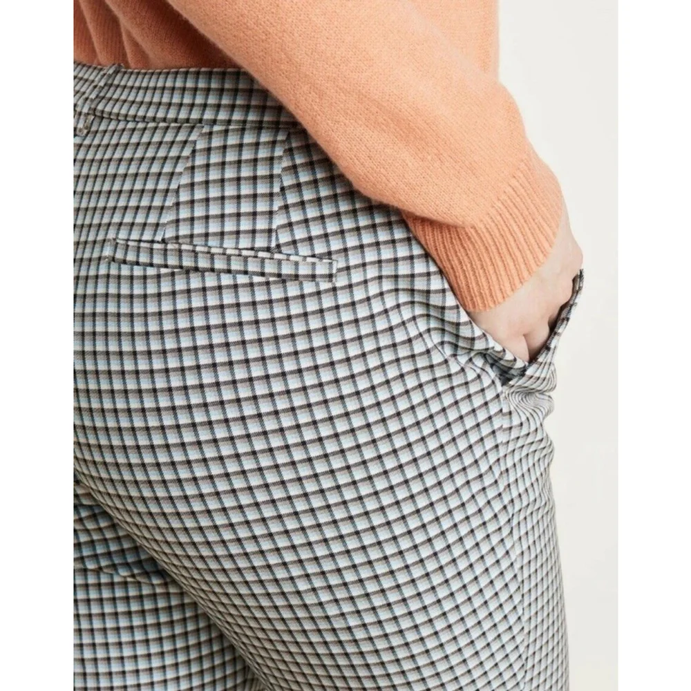 Theory Women Treeca 4 Cropped Check Pants Size:12 Blue Plaid Stretch Viscose
